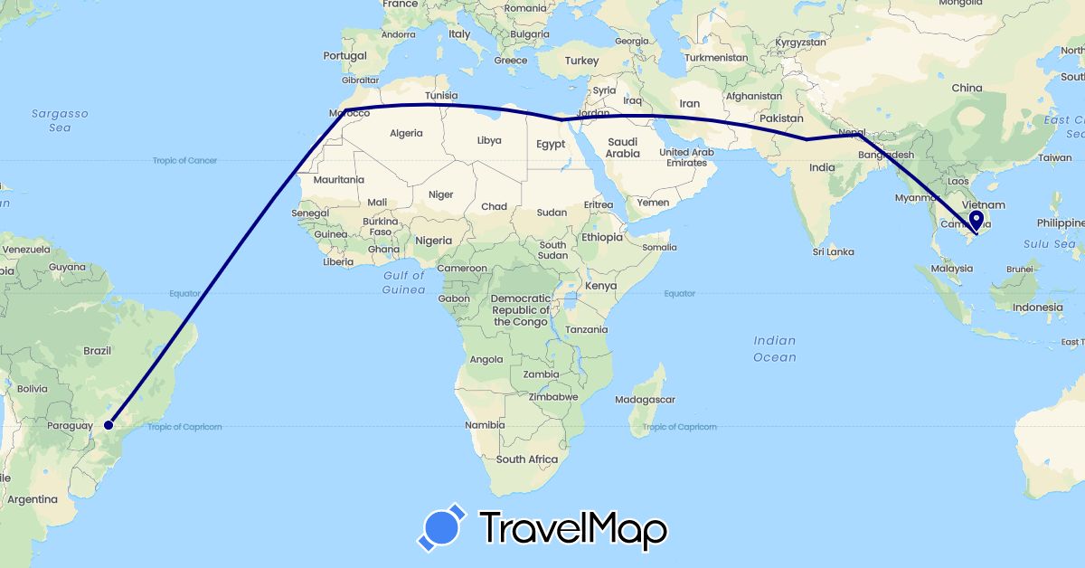 TravelMap itinerary: driving in Brazil, Egypt, India, Morocco, Nepal, Vietnam (Africa, Asia, South America)
